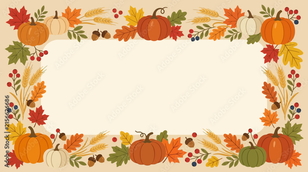 Fototapeta premium Autumn leaves, pumpkins, and berries frame a blank cream space for Thanksgiving holiday greeting messages.