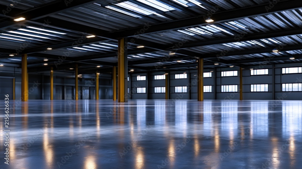 Fototapeta premium Spacious industrial warehouse interior, polished floors reflecting lights, large skylights above
