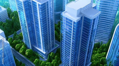 Aerial view of modern high-rise buildings surrounded by lush greenery, reflecting sunlight