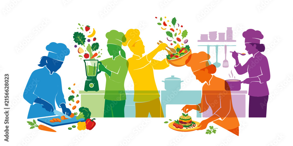 Fototapeta premium Vibrant culinary team preparing healthy meals, diverse chefs cooking fresh ingredients, colorful vector illustration for food and nutrition concepts