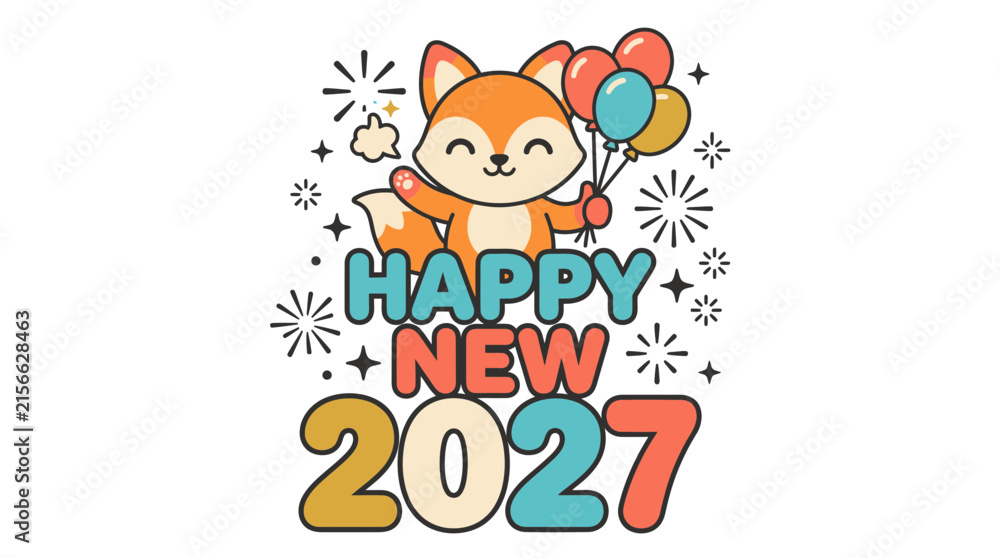 Fototapeta premium Cute Cartoon Fox Celebrating Happy New Year 2027 13.