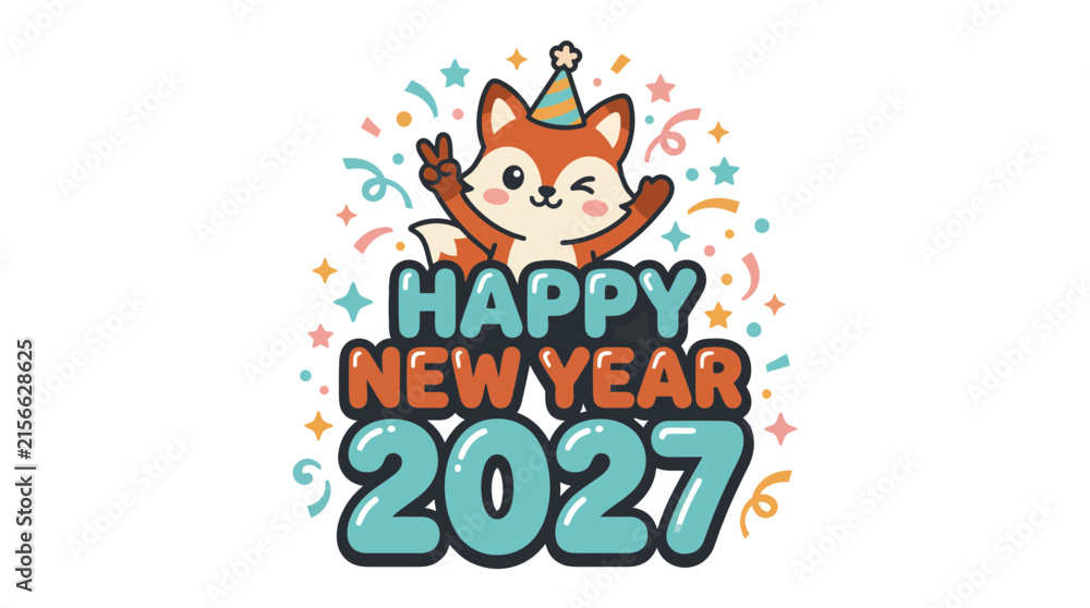 Fototapeta premium Cute Cartoon Fox Celebrating Happy New Year 2027 49.