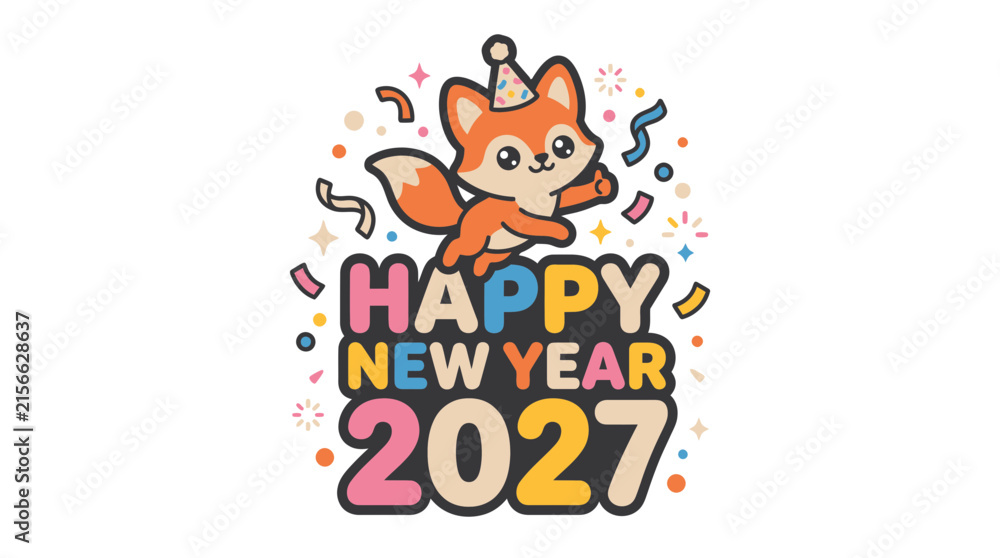 Fototapeta premium Cute cartoon fox celebrating happy new year 2027 48.