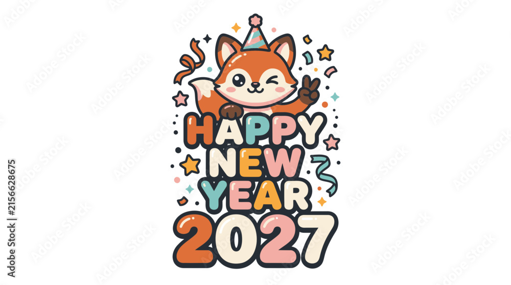 Fototapeta premium Cute cartoon fox celebrating Happy New Year 2027 design 8.