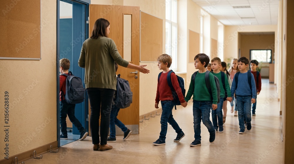 Fototapeta premium Teacher guides an orderly earthquake drill classroom exit