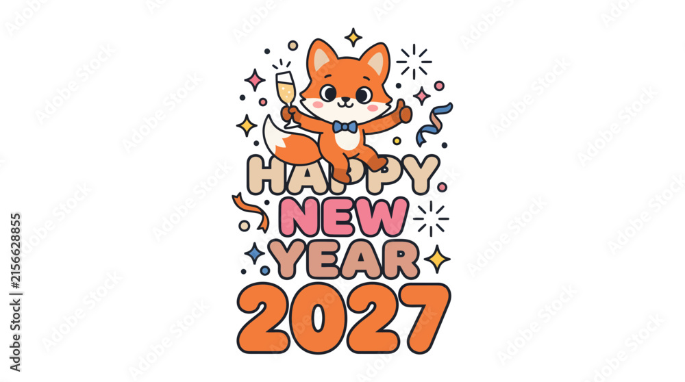 Fototapeta premium Cute cartoon fox character celebrating Happy New Year 2027 8.