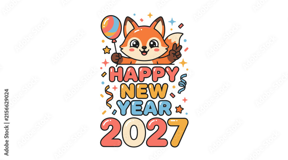 Fototapeta premium Cute cartoon fox holding a balloon celebrating happy new year 2027.