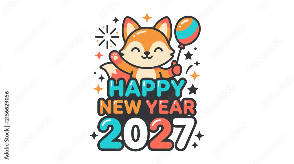 Fototapeta premium Cute cartoon fox holding a colorful balloon for Happy New Year 2027 celebration.