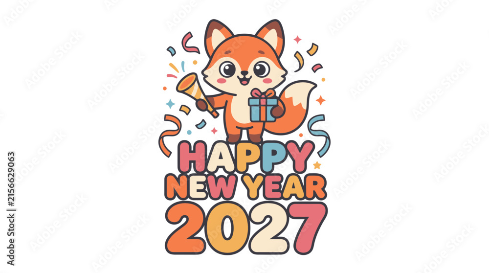 Fototapeta premium Cute cartoon fox holding a gift and party blower celebrating Happy New Year 2027.