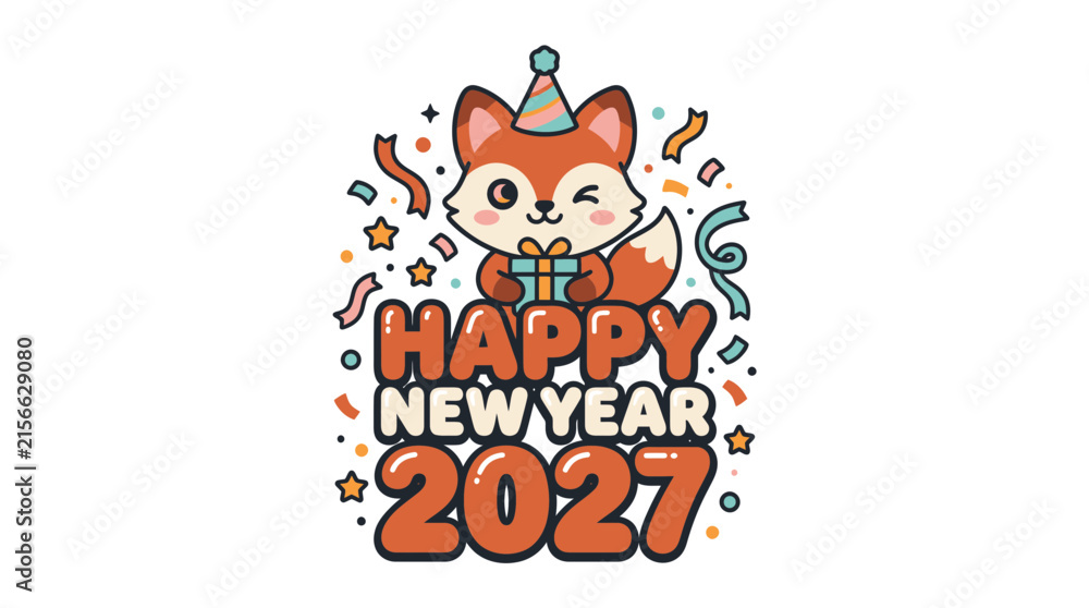 Fototapeta premium Cute Cartoon Fox Holding a Gift Box Celebrating Happy New Year 2027.