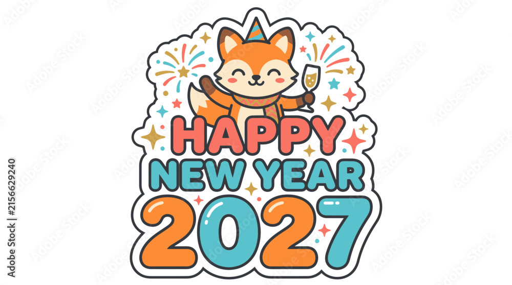 Fototapeta premium Cute Fox Cartoon Celebrating Happy New Year 2027 Sticker.