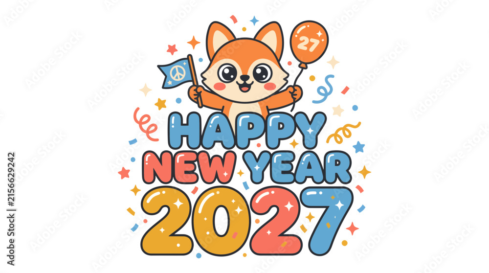 Fototapeta premium Cute Fox Cartoon Character Celebrating Happy New Year 2027 1.