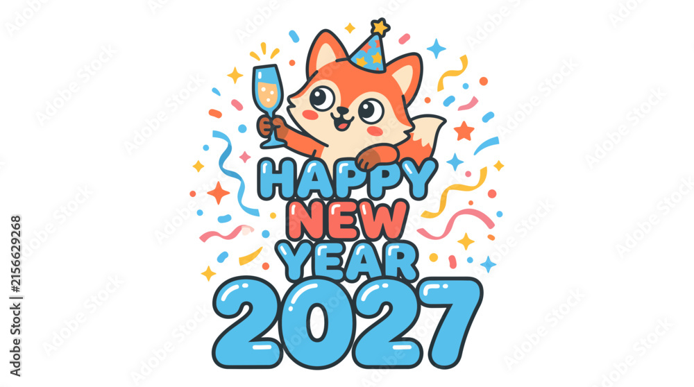 Fototapeta premium Cute Fox Cartoon Character Celebrating Happy New Year 2027.