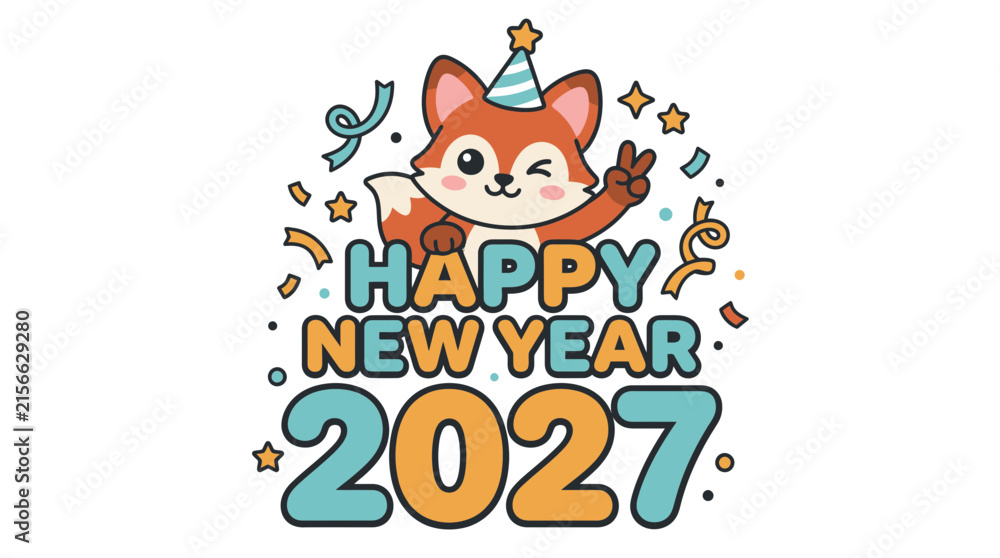 Fototapeta premium Cute Fox Cartoon Happy New Year 2027 Celebration Design.