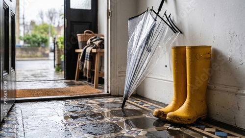 Wet yellow rain boots and transparent umbrella in hallway entryway on rainy day