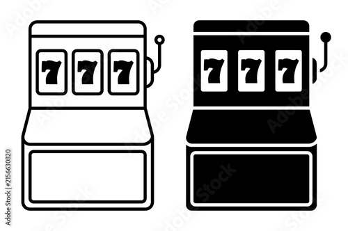 Linear icon. Highest combination of three sevens on screen of a one armed bandit casino slot machine. Simple black and white icon isolated on a white background