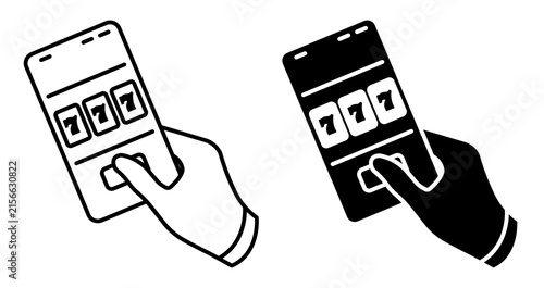 Linear icon. Triple sevens combination on a smartphone screen with an online casino app. Simple black and white icon isolated on a white background