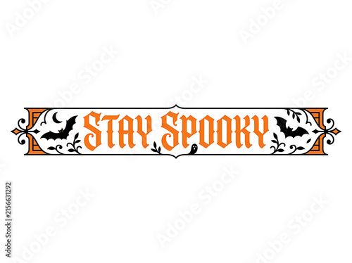 Stay Spooky Halloween banner with bats and ornate flourishes on a white background