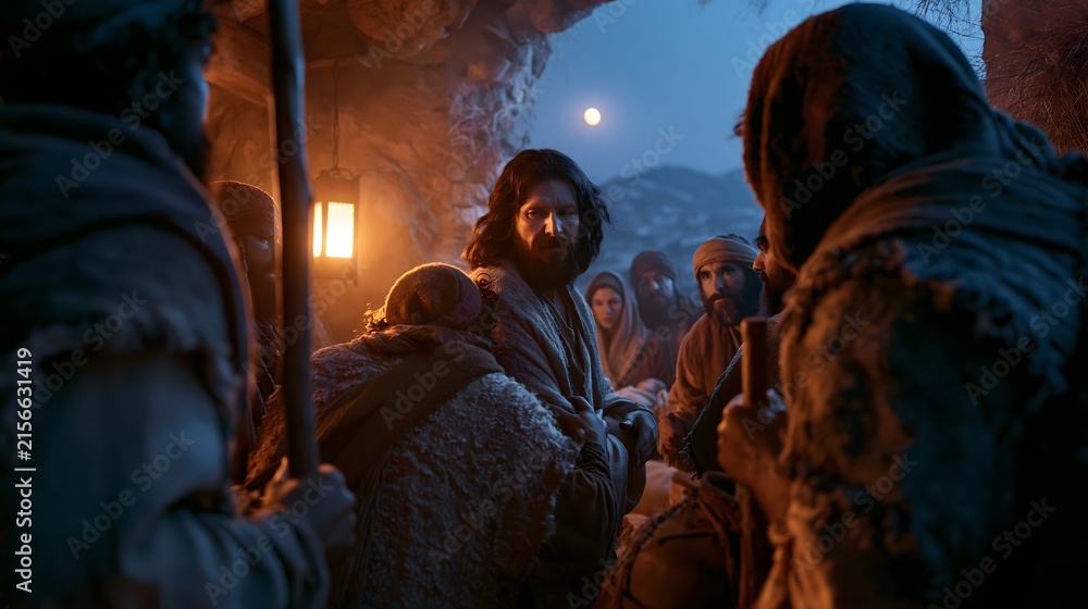 Obraz premium Shepherds and figures gathered inside a stable witnessing the birth of jesus