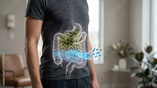 Gut microbiome probiotics digestive health concept showing healthy gut health with beneficial bacteria in human digestive system illustration