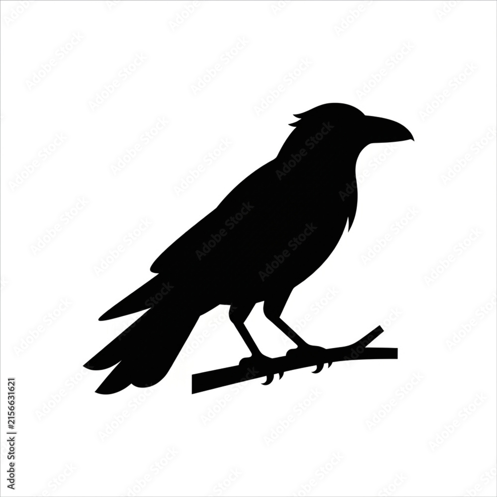 Fototapeta premium Raven silhouette on a branch. Black crow icon isolated on a white background.