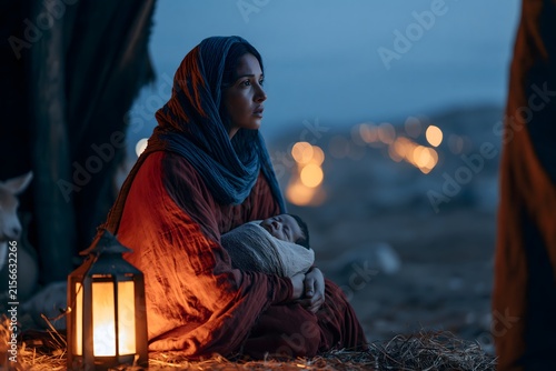 A mother cradling her newborn baby by lantern light in a rustic, dimly lit setting at dusk