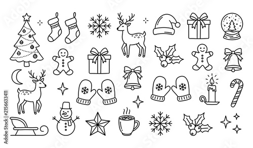 Christmas Doodle Icon Set with Reindeer Snowman Tree Stockings and Gingerbread Line Art Collection