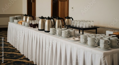 Buffet table set for refreshments with coffee, tea, cups, glasses, and snacks