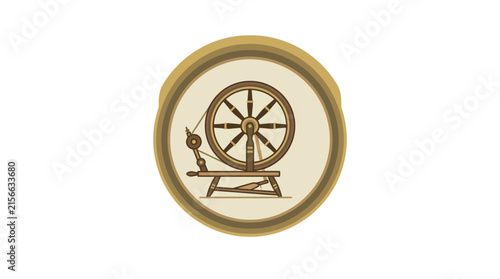 Vintage traditional wooden spinning wheel flat vector illustration icon