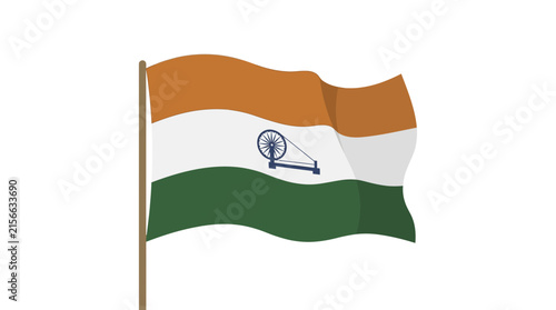 Waving Saffron White and Green Tri Color Flag with Spinning Wheel