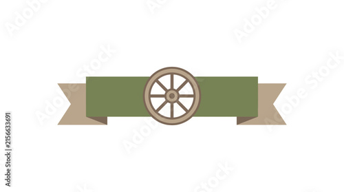Vintage wooden wheel on a green and beige ribbon banner