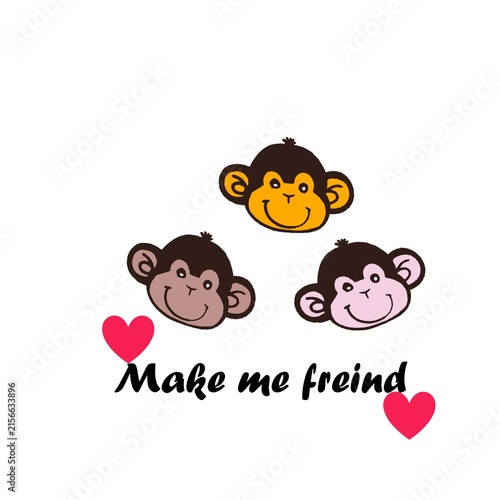 Photography Cute monkey face trio illustration with red hearts and text isolated on white background for kids fashion apparel, baby sticker, friendship card print