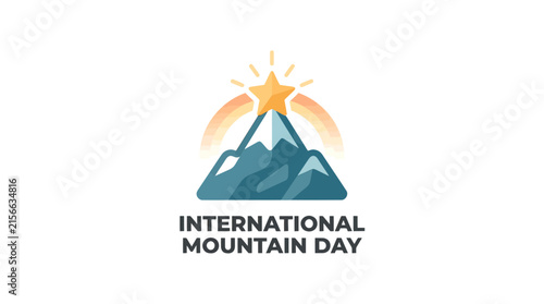 International Mountain Day greeting card with mountain peak, star and rainbow on white background