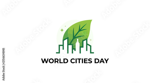 World Cities Day Illustration with Green Leaf and City Skyline for Sustainable Urban Environment