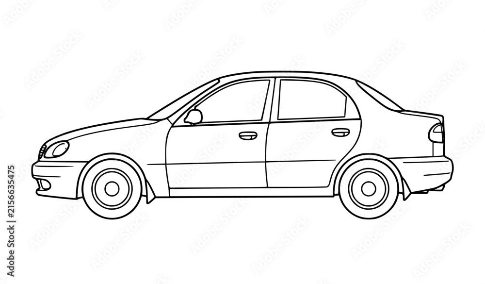 Naklejka premium Classic sedan car side view line art outline vector illustration
