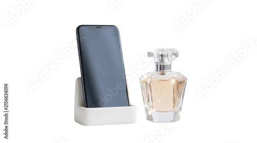 Modern smartphone on white charging dock, elegant glass perfume bottle, minimalist lifestyle tech and beauty accessories on white background