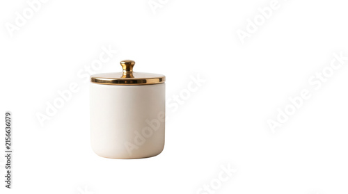 Minimalist white ceramic jar with gold lid, elegant porcelain storage canister, luxury home decor container on white background