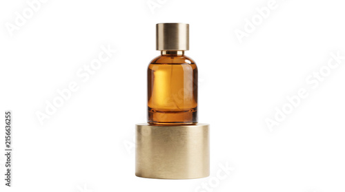 Amber glass perfume bottle on gold pedestal, luxury fragrance packaging mockup, elegant cosmetic oil bottle with metallic cap