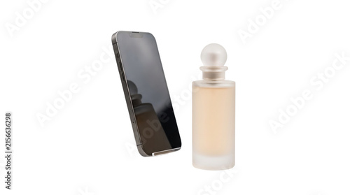 Minimalist perfume bottle and smartphone on white background, luxury fragrance glass container, modern lifestyle tech and beauty accessories