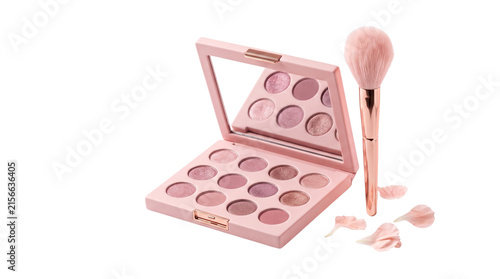 Pink eyeshadow palette with makeup brush, professional cosmetic set with mirror, rose gold beauty products on white background
