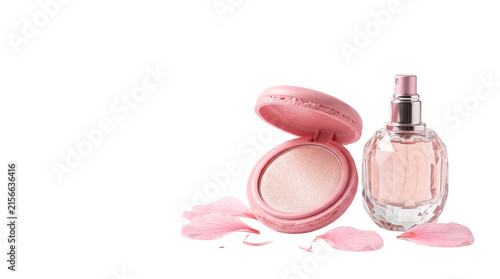 Elegant pink perfume bottle and compact powder, luxury cosmetic products with rose petals, feminine beauty accessories on white background