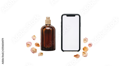 Amber glass spray bottle with blank smartphone mockup, cosmetic product packaging with rose petals, organic beauty branding on white background