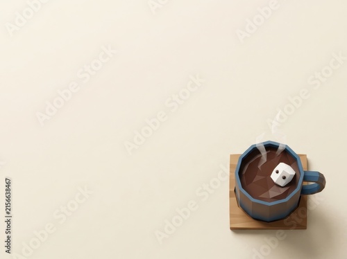 Cozy hot chocolate mug with marshmallow on coaster.