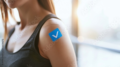 Woman's arm with a blue vaccination sticker and bandage, symbolizing immunization and health protection