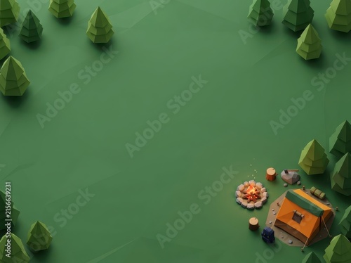 Low poly campsite with tent in green forest.