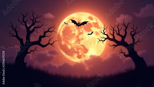 Realistic full moon with flying bat silhouettes and twisted black trees, dramatic purple orange sky