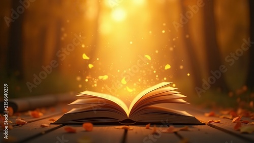 Open book with glowing golden autumn forest inside, magical light