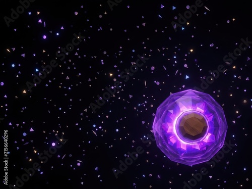 Purple low poly magic potion bottle in starry space.