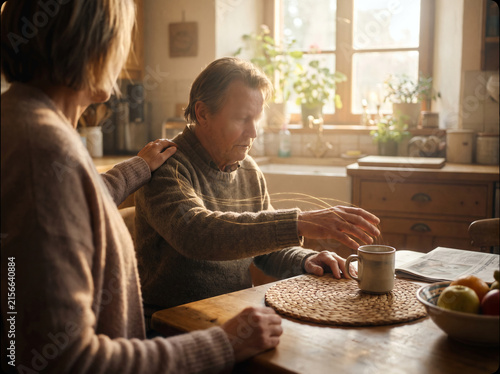 Woman comforting man sitting at kitchen table in warm morning light.