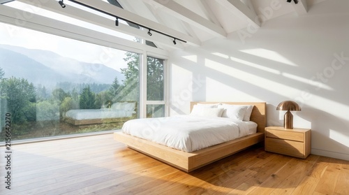 Modern white attic bedroom corner featuring a stylish minimalist interior
